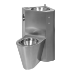 Combinație de lavoar și vas WC antivandal din oțel inox cu butoane piezo, varianta de colț stânga, vas WC stativ